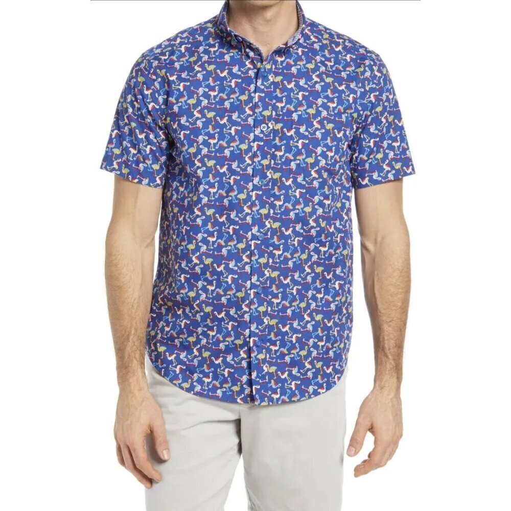 JOHNSTON & MURPHY Flamingo Print Short Sleeve Button-Down Shirt, Navy Blue, L